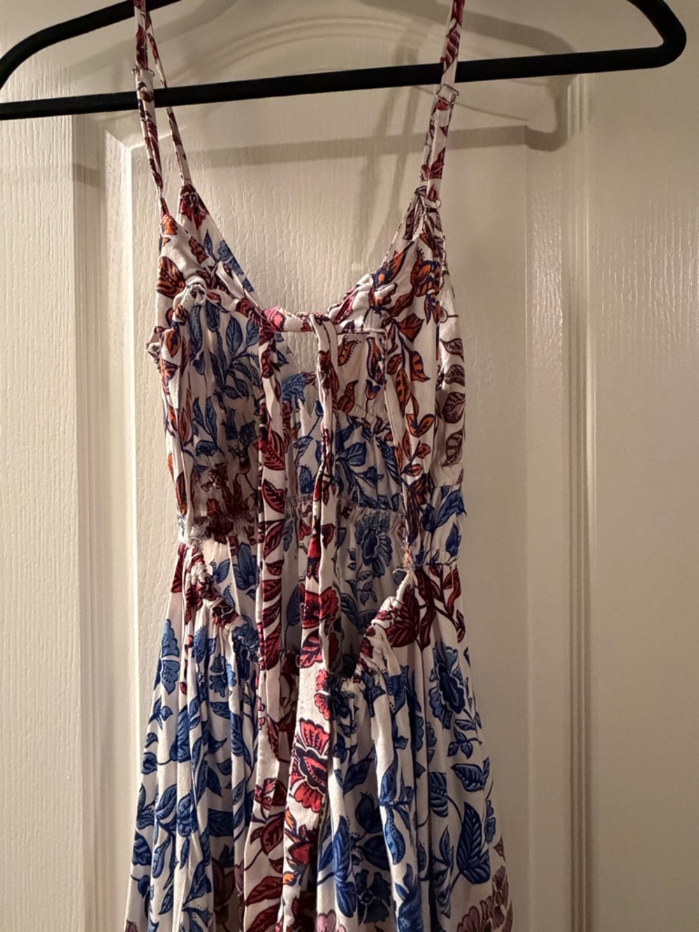 Angie White Floral Backless Sundress with Blue and Rust Leaf Print